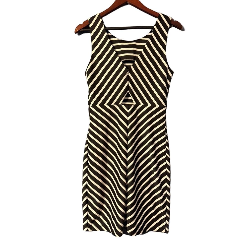 Bisou Bisou Dress Women 10 Black Striped Y2K Boho Whimsigoth Knit Bodycon Mini